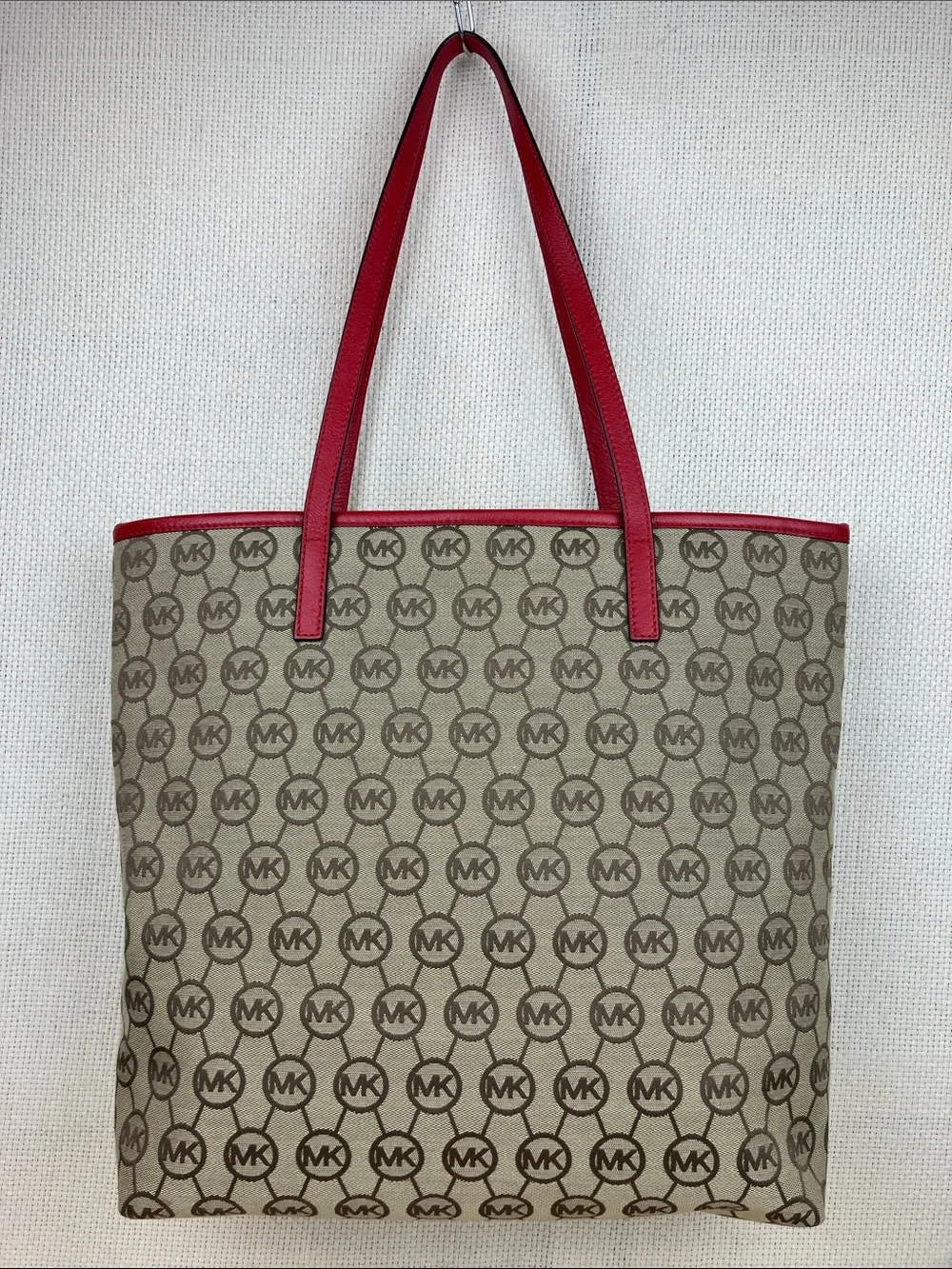 Michael Kors Montauk Large Tote Bag Beige Monogram Red Leather Trim